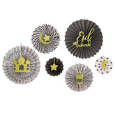 Decoratieve zwart-witte papier waaier set met gouden Eid Mubarak ontwerpen en motieven